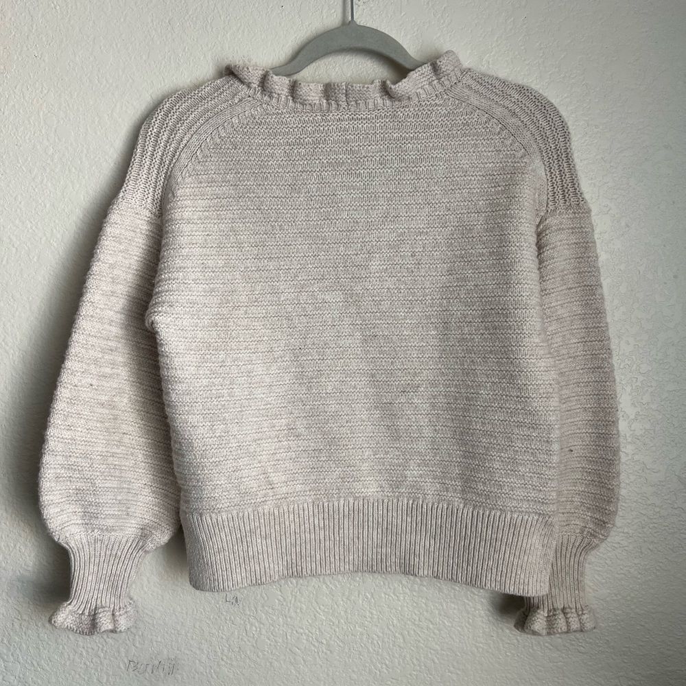 Madewell Ribbed Knit Ruffle Collar Sweater Neutral Cozy Gray - Picture 4 of 4